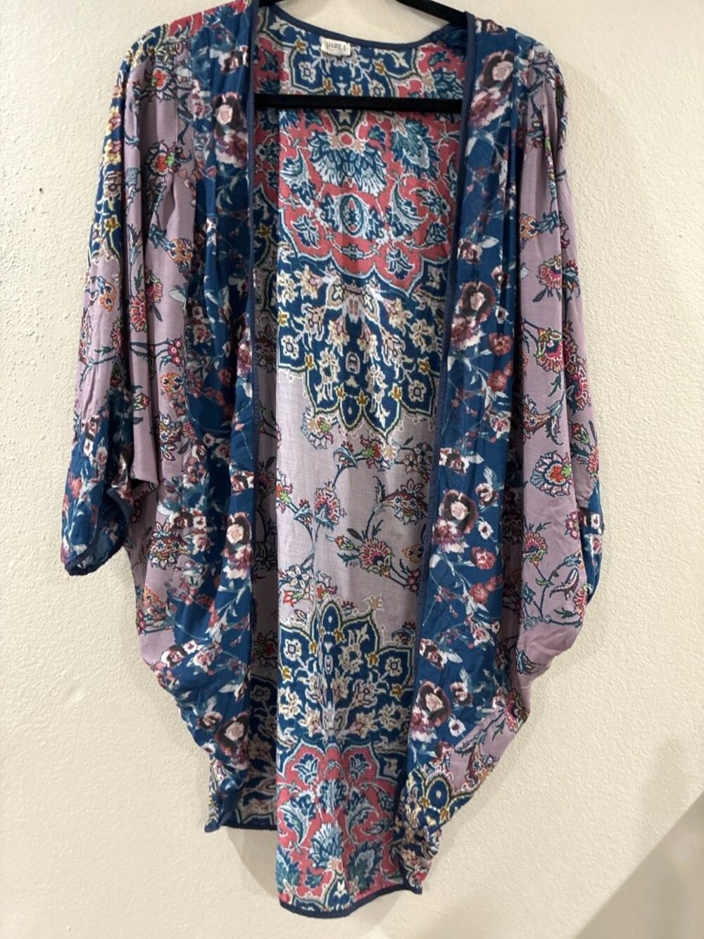 Mahila floral print cocoon kimono vibrant blue, pink lavender bohemian pattern